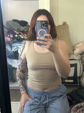 Ribbed Tank Crop Top in Beige - Women's Casual Scoop Neck